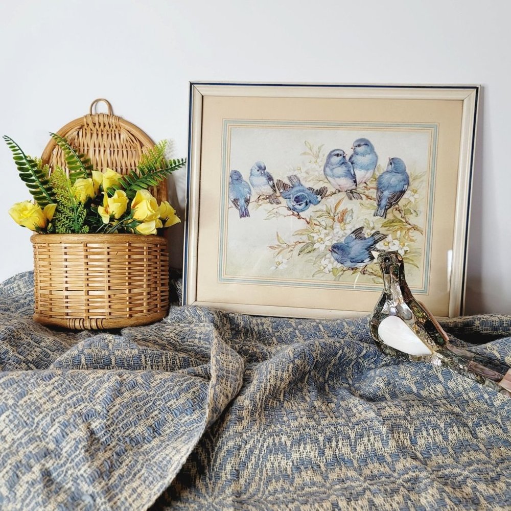 4 Piece VINTAGE Blue & Yellow Boho Wicker Bird Home Decor Curated Bundle